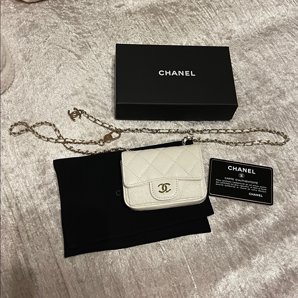Authentic Chanel 2020 white caviar quilted classic mini chain belt bag